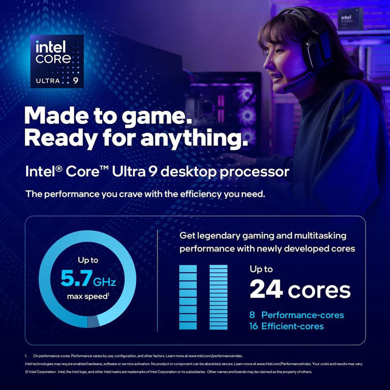 Processeur Intel Core Ultra 9 285K Arrow Lake 3.70Ghz / 5.70Ghz Turbo Boost Unlock 36Mb Cache LGA1851 (24 Core / 24 Threads)