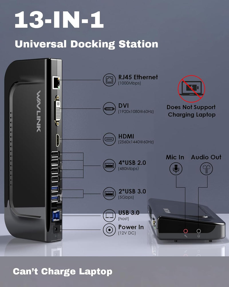 Station d'accueil universelle WavLink USB 3.0 double écran vidéo DVI HDMI VGA Gigabit Ethernet Audio 6 ports USB