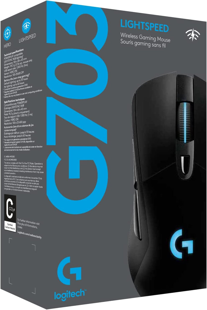 Souris Gaming Sans Fil et USB Logitech G703 Lightspeed Hero 25K Sensor 25600dpi 6 Boutons RGB - Poids ajustable