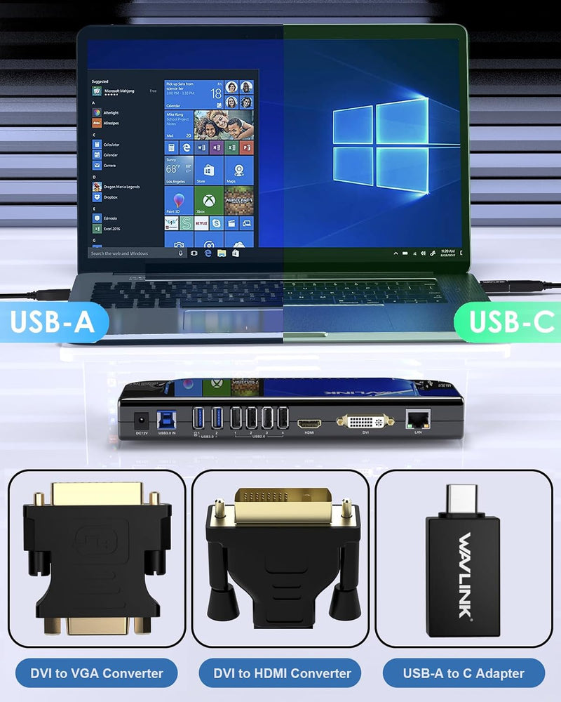 Station d'accueil universelle WavLink USB 3.0 double écran vidéo DVI HDMI VGA Gigabit Ethernet Audio 6 ports USB