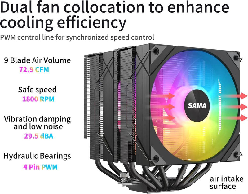 Refroidisseur Dual Tower SAMA 6PDW ARGB 2x120mm RGB Intel AMD - Noir