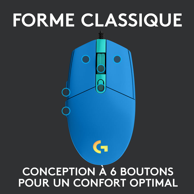 Souris Gaming USB Logitech G203 Lightsync 8000dpi 6 Boutons RGB Bleu